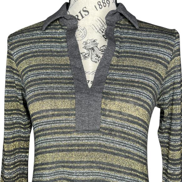 Laila Jayde (XS) Shimmer Stripe Collar Long Sleeve High Low Metallic Knit Top - Picture 4 of 9